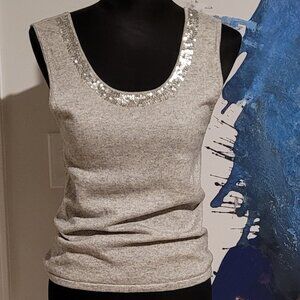 Ninety Women's XL Silk/Viscose Blend Knit Tank Grey /Silver Sequined Scoop Neck